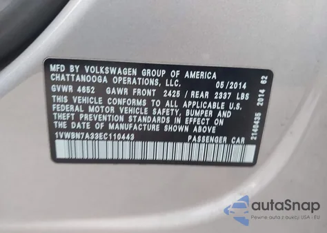 2014 Volkswagen Passat 2.0L Tdi Se from USA, damaged, VIN 1VWBN7A33EC110443